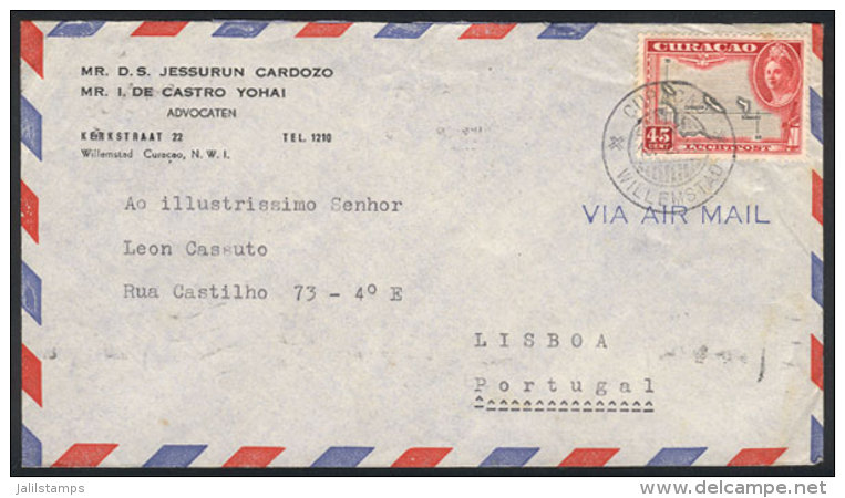 Airmail Cover Sent From Willemstad To Portugal On 13/FE/1946 Franked With 45c., VF Quality! - Curaçao