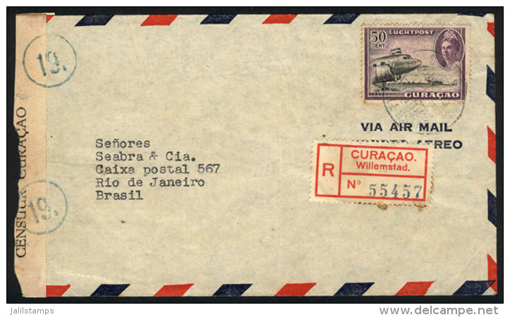 Registered Airmail Cover Sent From Willemstad To Rio De Janeiro On 10/NO/1944 Franked With 50c. And Interesting... - Curaçao