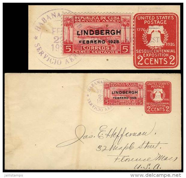 USA 2c. Stationery Envelope Additionally Franked With Cuba 5c. Stamp (Lindbergh), Sent To USA On 22/FE/1929,... - Covers & Documents