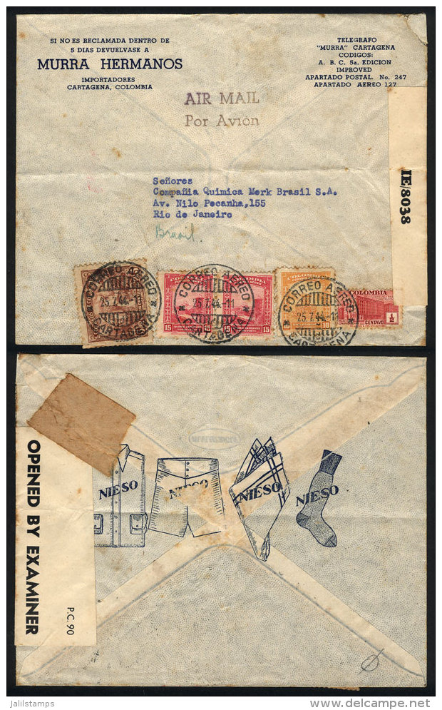 Cover With Nice Advertising On Back (men'd Clothes) Sent From Cartagena To Rio De Janeiro On 25/JUL/1944, British... - Colombia