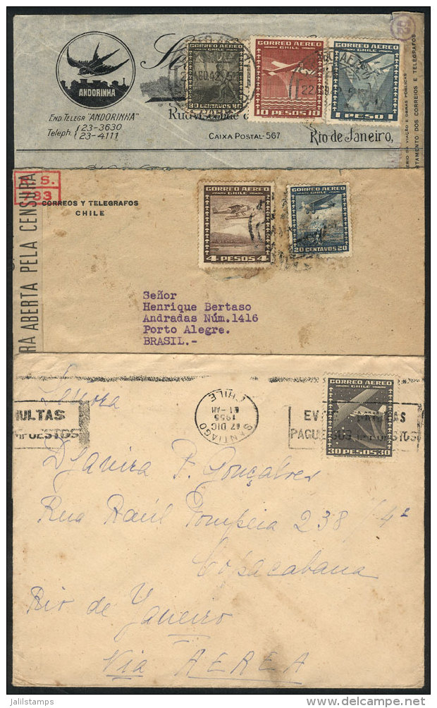 3 Airmail Covers Sent To Brazil Between 1942 And 1955, Nice Postages! - Chili