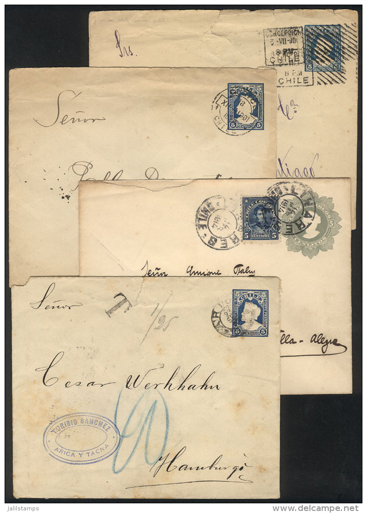 4 Stationery Envelopes Used Between 1901 And 1914 With Interesting Postmarks: Linares, Arica, Etc. - Chili