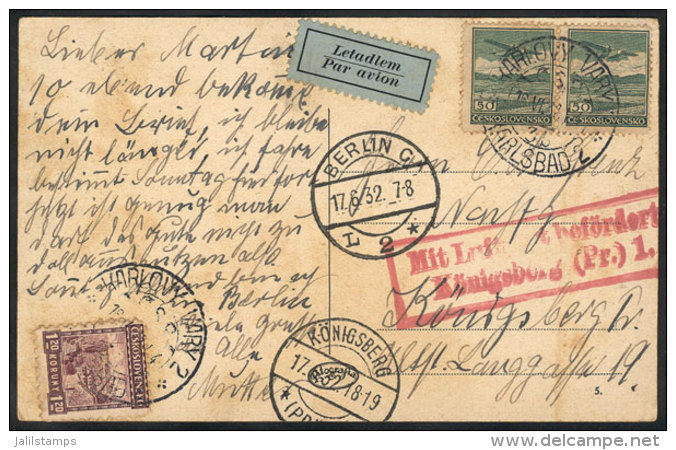 Postcard Sent Via Airmail From Karlovy-Vary To Königsberg (Germany) On 16/JUN/1932, With Berlin Transit Mark... - Sonstige & Ohne Zuordnung