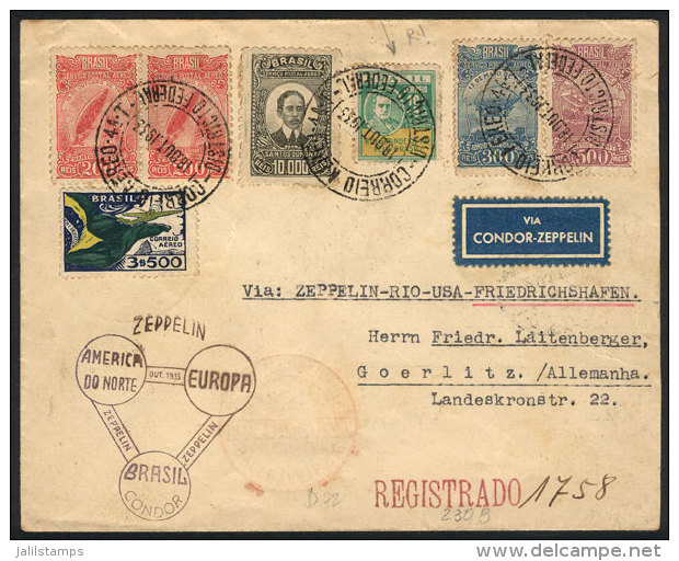 Registered Cover Flown Via ZEPPELIN From Rio To Germany On 18/AU/1933 With Very Nice Postage, VF Quality! - Covers & Documents