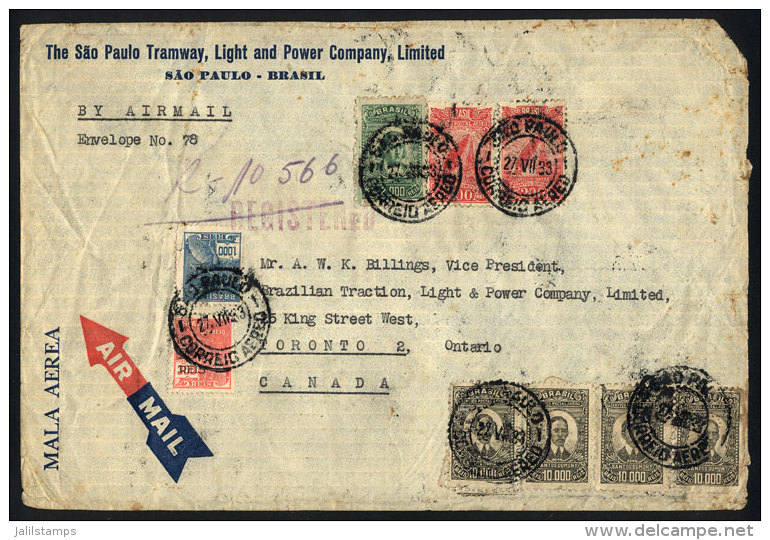 Registered Airmail Cover Sent From Sao Paulo To Canadá On 27/JUL/1933, With Spectacular Postage Of... - Briefe U. Dokumente