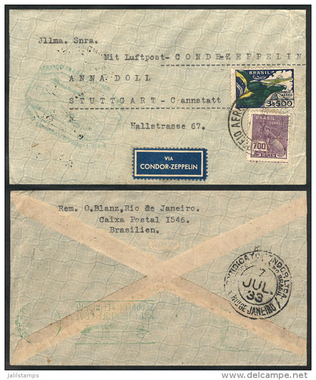 Cover Sent Via ZEPPELIN From Rio To Germany On 7/JUL/1933, Very Fine Quality! - Briefe U. Dokumente