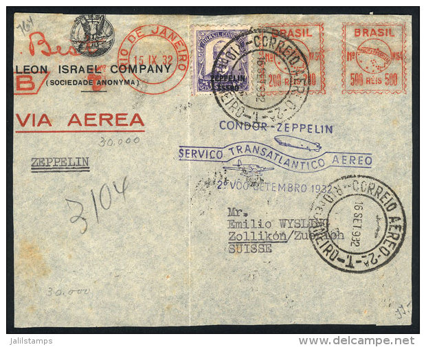 Front Of A Commercial Envelope Sent From Rio To Switzerland On 15/SE/1932 Via ZEPPELIN, With Mixed Postage Meter... - Covers & Documents