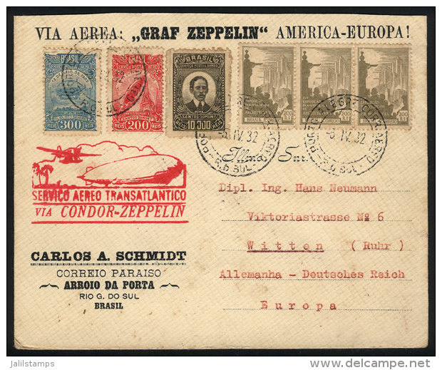 Cover Flown Via ZEPPELIN, From Porto Alegre To Germany On 5/AP/1932 Franked With 11,100Rs., With Special Handstamp... - Briefe U. Dokumente