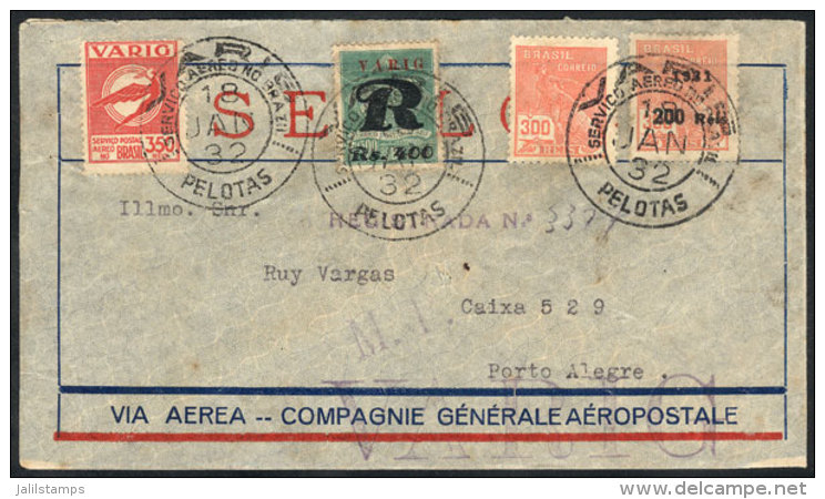 Cover Franked By Sc.1CLF3 (value US$600 Used) + Other Stamps, Sent By Airmail From Pelotas To Porto Alegre On... - Briefe U. Dokumente