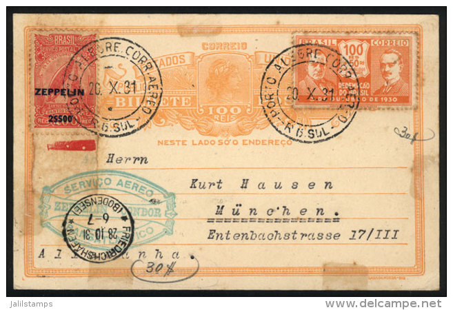 Uprated 100Rs. Postal Card (total Postage 2,700Rs.) Sent Via ZEPPELIN From Porto Alegre To Germany On 20/OC/1931,... - Brieven En Documenten