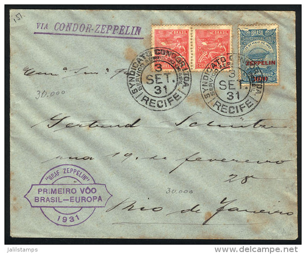 3/SE/1931 Recife - Rio De Janeiro, Cover Sent Via ZEPPELIN, Light Spots, Very Nice! - Briefe U. Dokumente