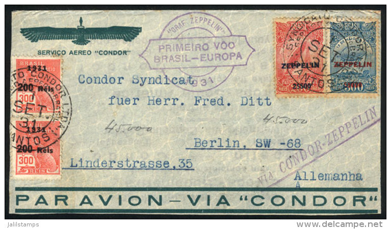 Cover Flown Via ZEPPELIN, From Santos To Germany On 1/SE/1931 Franked With 8,100Rs. Including The Set Sc.C26/27,... - Covers & Documents