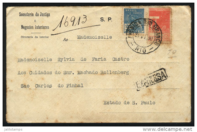 Express Cover Sent From Rio (cancelled AVENIDA RIO BRANCO - RIO) To Sao Carlos (arrival Backstamp) On 21/JUN/1930,... - Briefe U. Dokumente