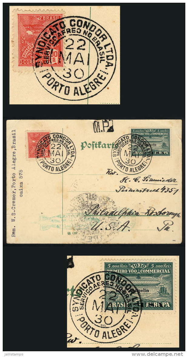 22/MAY/1930 Porto Alegre - Philadelphia (USA), Card Flown Via ZEPPELIN, Franked By Sc.4CL8 + Another Value, VF... - Covers & Documents