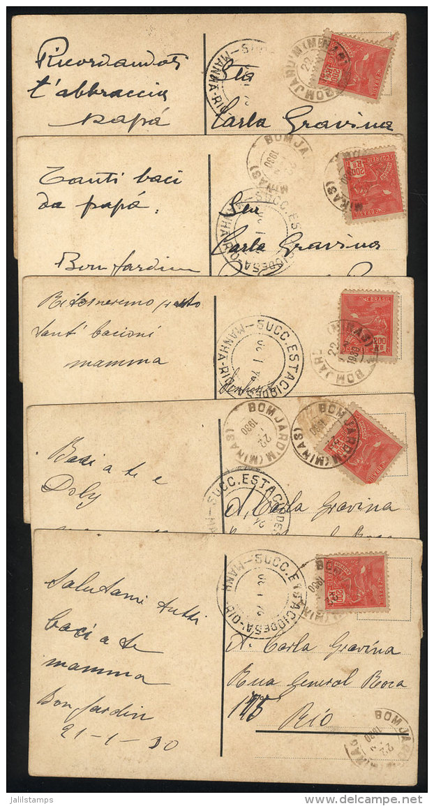 5 Postcards (Santa Teresinha Do Menino Jesus) Sent On 21/JA/1930 From BOM JARDIN (Minas) To Rio (arrival Marks Of... - Briefe U. Dokumente