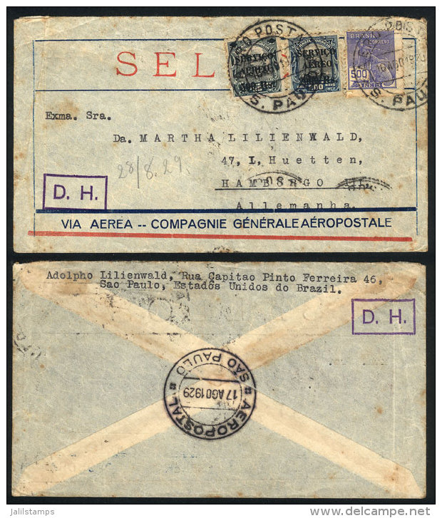 Airmail Cover Sent From Sao Paulo To Germany On 16/AU/1929 By  Frla. Aeropostal, Franked With 3,000Rs., Very Nice! - Covers & Documents