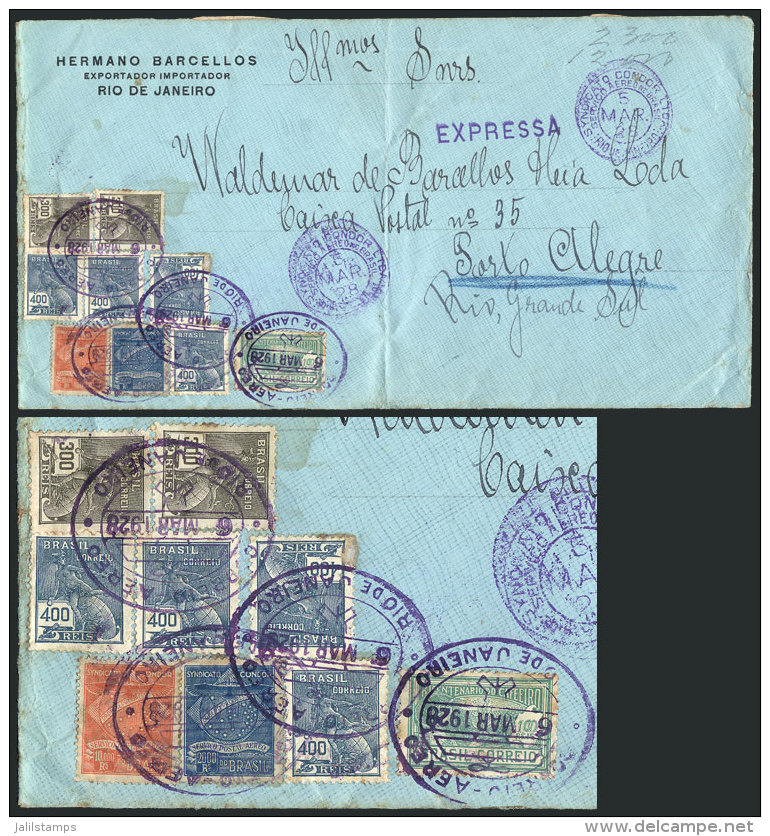 Express Cover Sent Via Condor From Rio De Janeiro To Porto Alegre On 6/MAR/1928, With Spectacular Postage Of... - Covers & Documents