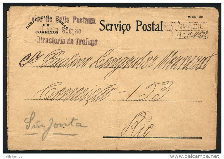 Circa 1920, Official Cover Of Servico Postal Posted Stampless By Registered Mail In Rio, Interesting! - Covers & Documents