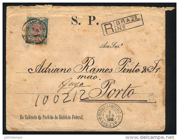 Registered Official Cover Franked With 1,000Rs., Sent From Rio To Portugal On 3/AP/1906, With Some Age Spots, All... - Covers & Documents