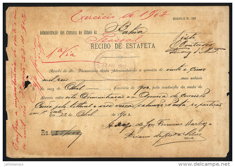 "Estafeta" Post Receipt Of The State Of Bahia, 22/AP/1902, Interesting! - Covers & Documents