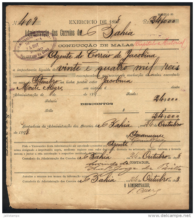 Receipt Of "Conduçao De Malas" Of 1898 Awarded By The Administration Of Posts Of The State Of Bahia To The... - Covers & Documents