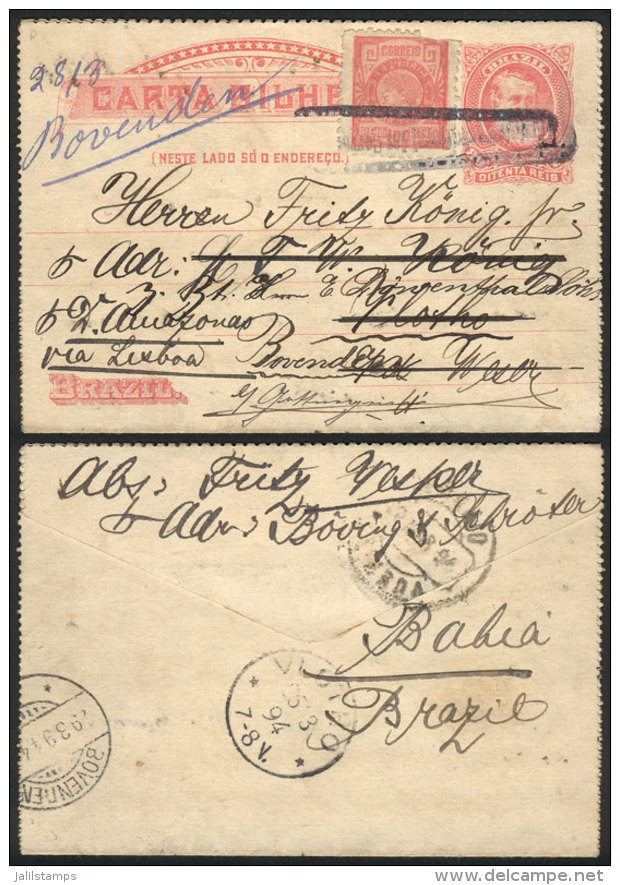 80Rs. Lettercard Uprated With 100Rs., Sent From Bahia To Germany On 3/AU/1894, With A Good Number Of Postal Marks,... - Briefe U. Dokumente