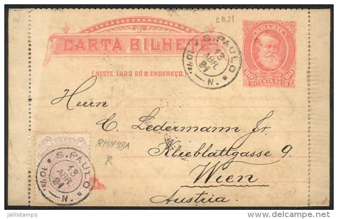 RHM.CB-21, Lettercard + 100Rs. Rose Lilac (Sc.101) Sent From SAO PAULO To Austria On 13/AP/1891, VF Quality! - Covers & Documents