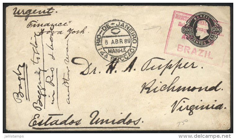 200Rs. Stationery Envelope Sent To USA On 6/AP/1889 With An Interesting Rose Rectangular Postmark, VF Quality! - Covers & Documents