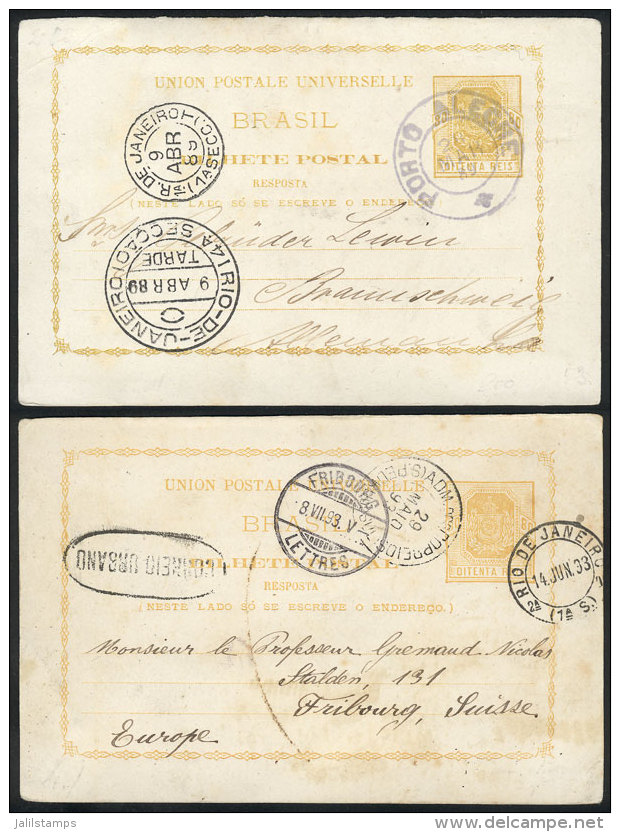 2 Postal Cards Of 80Rs. (reply) Sent From Porto Alegre To Rio In 1889 And From Rio To Switzerland In 1893, VF... - Brieven En Documenten