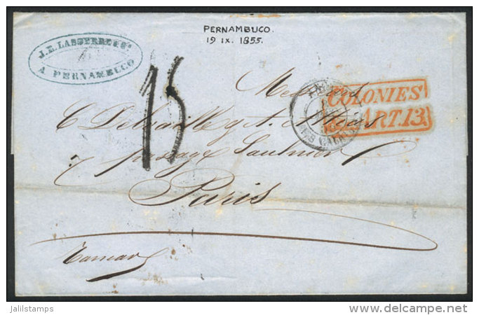 Folded Cover Sent From PERNAMBUCO To Paris On 19/NO/1855 By British Mail, It Bears Interesting Postal And Due Marks... - Covers & Documents