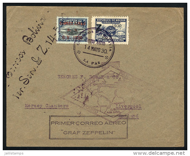 Cover Flown By ZEPPELIN, Sent From La Paz To England On 14/MAY/1930, Franked With Sc.C15 + C25, Violet Handstamp Of... - Bolivien