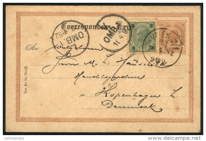 2h. Postal Card Uprated With 3h., Sent From Wien To Denmark On 12/AP/1892, Very Nice! - Briefe U. Dokumente