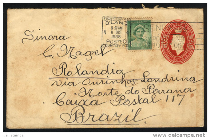 2p. Stationery Envelope + Additional 1p., Sent From Brisbane To Brazil On 8/OC/1938, Rare Destination! - Sonstige & Ohne Zuordnung