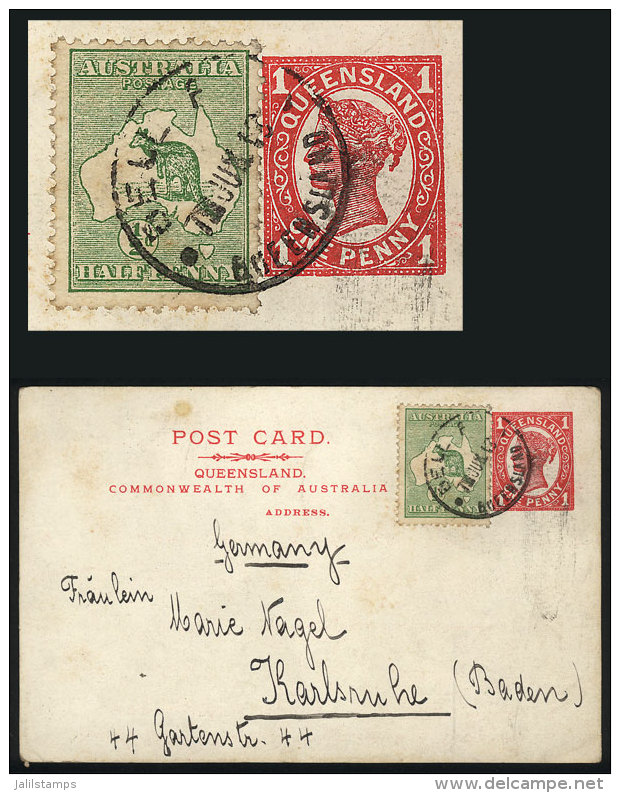 Queensland 1p. Postal Card + &frac12;p. Australia (kangaroo), Sent Form Bell To Germany On 7/JUN/1913, VF And... - Ganzsachen