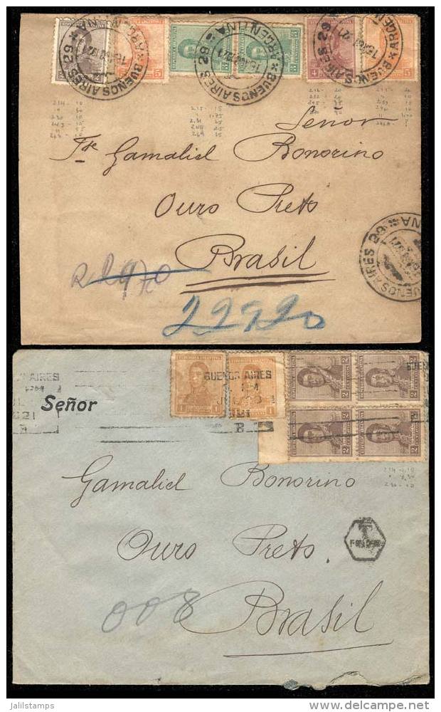 2 Covers Sent From Buenos Aires To Ouro Preto (Brazil) In 1921, Nice Postages Of The 1917 San Martín Issue,... - Brieven En Documenten