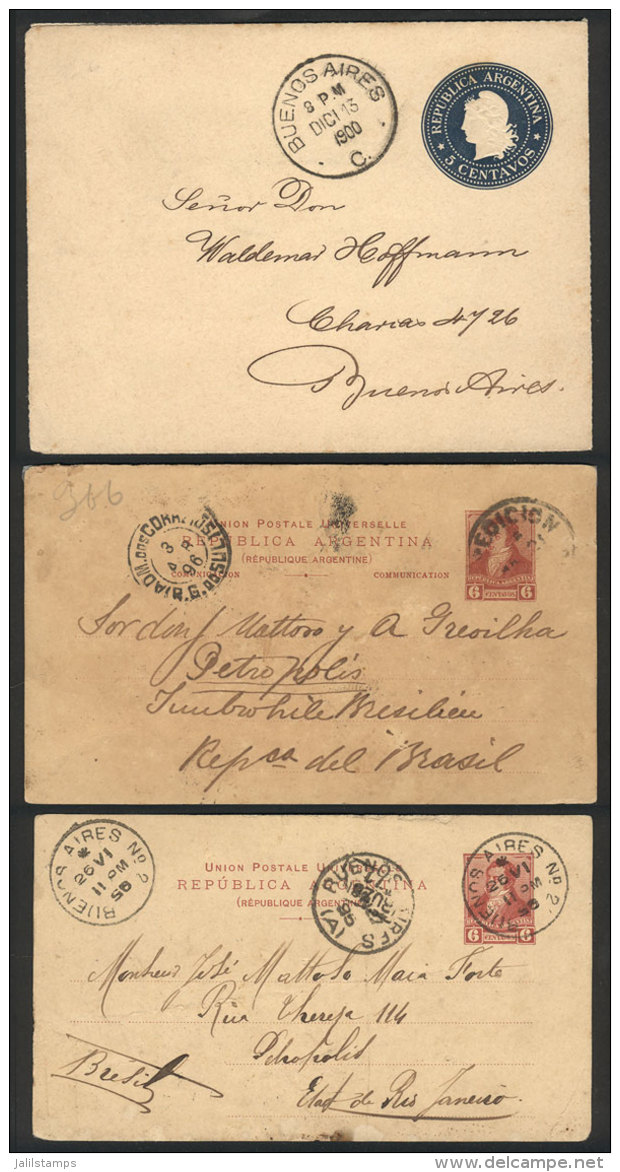 3 Postal Stationeries Sent To Brazil Between 1896 And 1900, Including A 6c. Double Postal Card (with Reply... - Lettres & Documents