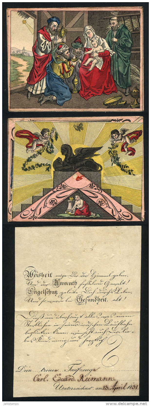 Beautiful Baptism Card And Very Colorful Illustrated Envelope, Small Size, Year 1831! - Sonstige & Ohne Zuordnung