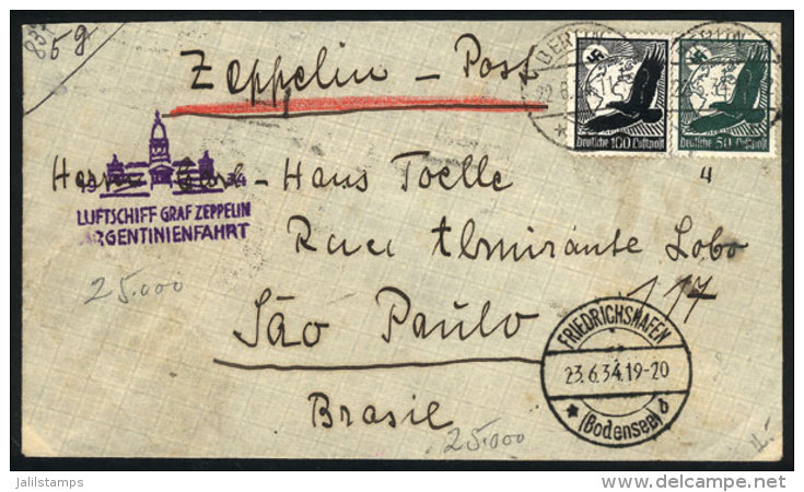 Cover Flown Via ZEPPELIN, From Berlin To Sao Paulo (Brazil) On 22/JUN/1934, Franked With 1.50Mk., With... - Briefe U. Dokumente