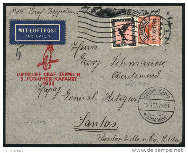 Cover Flown Via ZEPPELIN, From Hamburg To Santos (Brazil) On 17/AU/1933, Franked By C31+C32, With Friedrichshafen... - Lettres & Documents