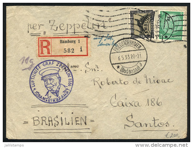 ZEPPELIN: Registered Airmail Cover Sent From Hamburg To Brazil On 6/MAY/1933 Franked With 3.05Mk., Very Nice! - Brieven En Documenten