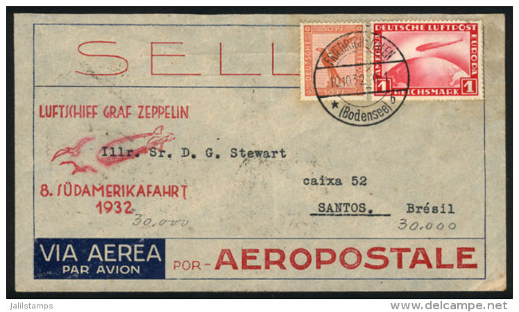 Cover Sent Via ZEPPELIN From Friedrichshafen To Santos (Brazil) On 10/OC/1932, Franked By Sc.C35, With Special Red... - Covers & Documents