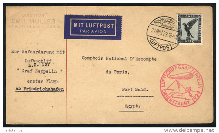 Cover Flown By ZEPPELIN From Friedrichshafen To Egypt On 24/MAR/1929, With Special Handstamp Of The Flight And... - Lettres & Documents