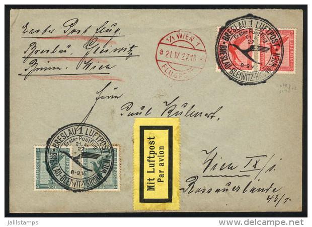21/AP/1927 Breslau - Wien: First Flight, With Special Handstamp And Arrival On Front, Very Nice! - Lettres & Documents