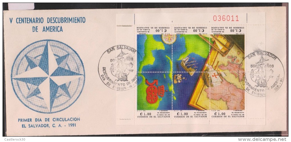 O) 1991 EL SALVADOR, MARINE ROUTE TO THE DISCOVERY OF AMERICA 1492, V CENTENARY, FDC XF - El Salvador