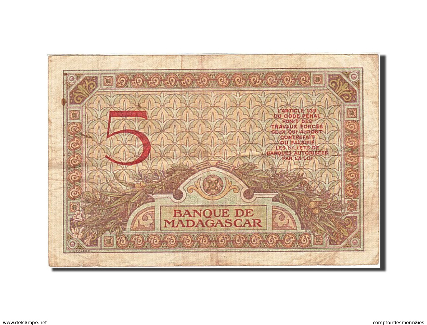 Billet, Madagascar, 5 Francs, 1930, Undated, KM:35, TTB+ - Madagascar