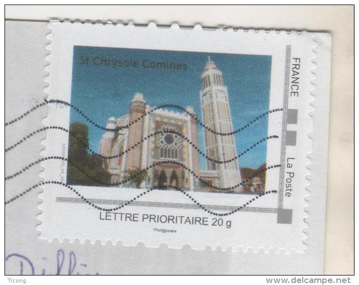 RARE TIMBRE COLLECTORS SUR CARTE VACHES -  EGLISE SAINT CHRYSOLE COMINES 59 NORD - VOIR LES SCANNERS - Collectors