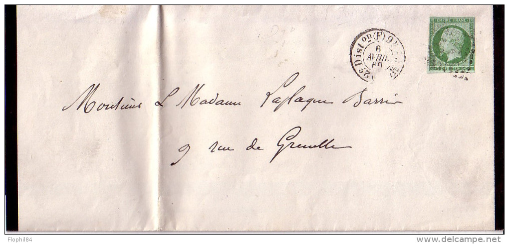 EMPIRE - N°12 - 5c VERT - SEUL SUR LETTRE DE PARIS POUR PARIS - CACHET 2e DISTon (F) 9h LE 6 AVRIL 1860 - COTE 400€. - 1849-1876: Classic Period