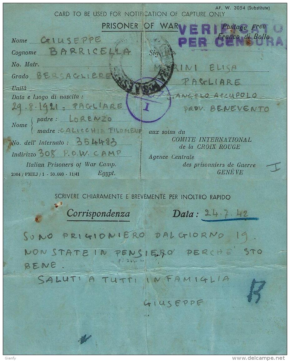 CARTOLINA PRIGIONIERI POW CAMP 308 ALEXANDRIE EGITTO 1942 X S ANGELO A CUPOLO - Posta Militare (PM)