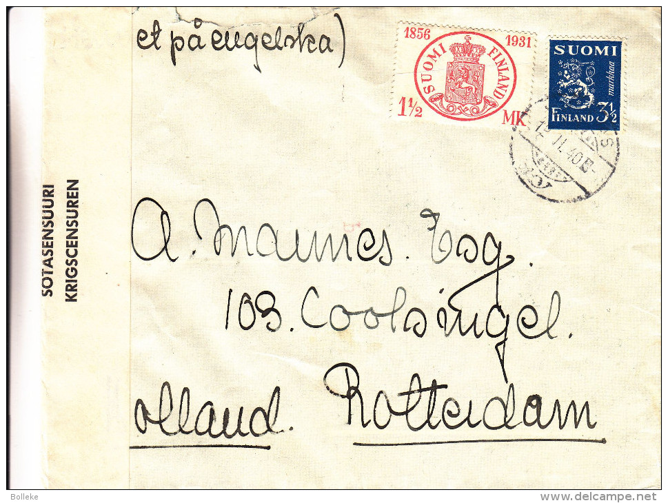 Finlande - Lettre De 1940 - Avec Censure - Oblitération Javas  ? - Expédié Vers Lles Pays Bas - Timbres Sur Timbres - Covers & Documents