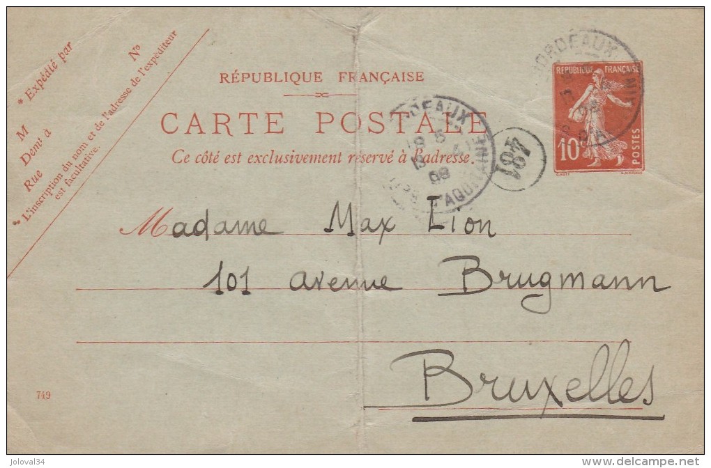 Entier Postal Yvert 138 CP1 Date 749  - 19/4/1908 Bordeaux Cours D'Aquitaine Pour Bruxelles Belgique - Plis - Standard- Und TSC-AK (vor 1995)